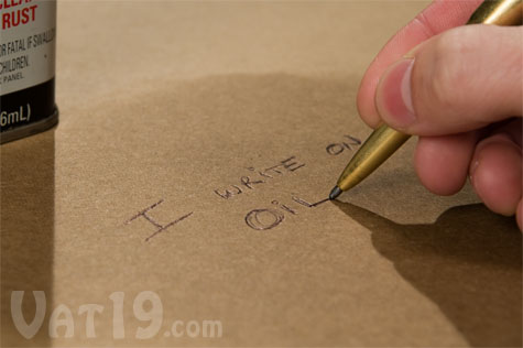 Fisher Bullet Pen writes in extreme conditions including on top of oil and grease.