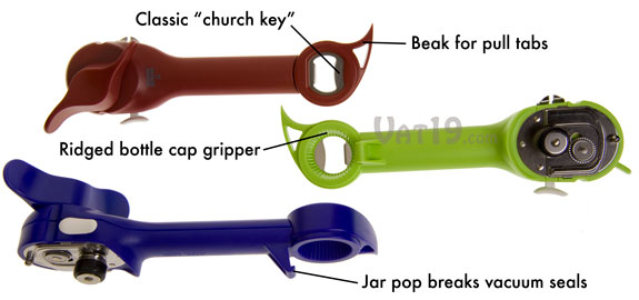 Diagram showing the four other ways the Auto Safety Master Opener can open jars and bottles.
