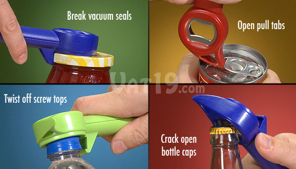 The Auto Safety Master Opener can break vacuum seals, twist off screw tops, crack open soda and beer bottles, and remove pull tabs.