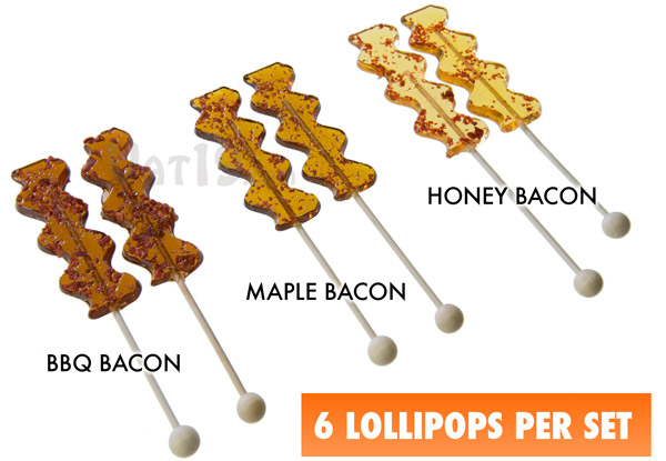 Each set of Bacon Lollipops includes six lollipops. You get two each of BBQ, Maple, and Honey Bacon.