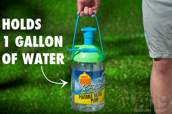 The Battle Pump holds 1 gallon of water which should produce 15-20 average-sized water balloons.