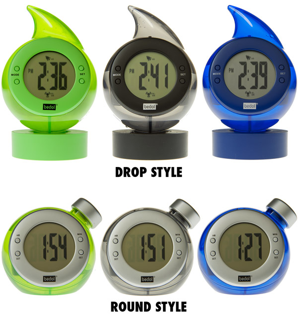 Water-Powered clocks by Bedol are available in several styles and colors.