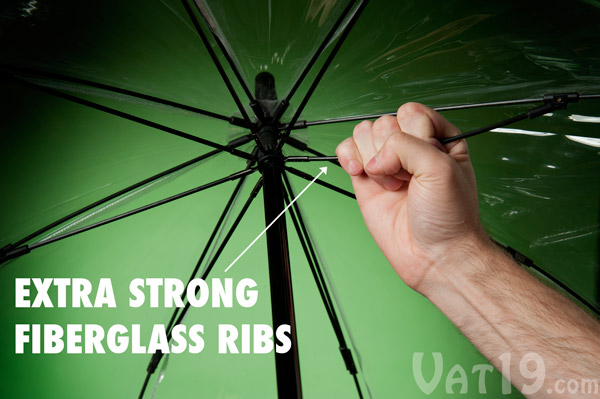 The adult size Birdcage Umbrella features a heavy duty fiberglass rib structure.