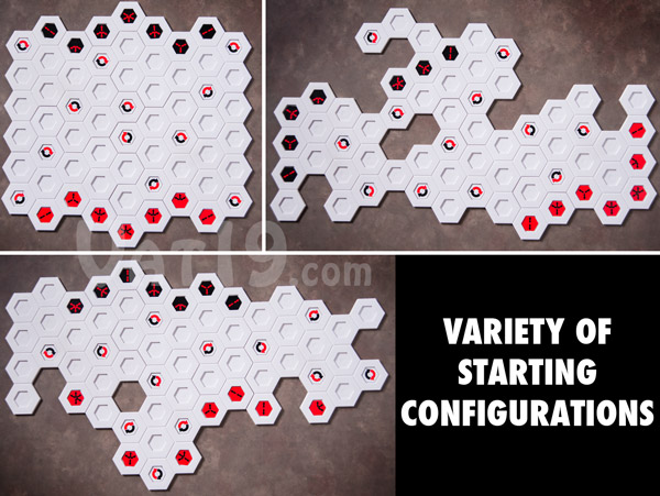 The Blindside game board can be configured in a multitude of ways simply be rearranging the interlocking board pieces.