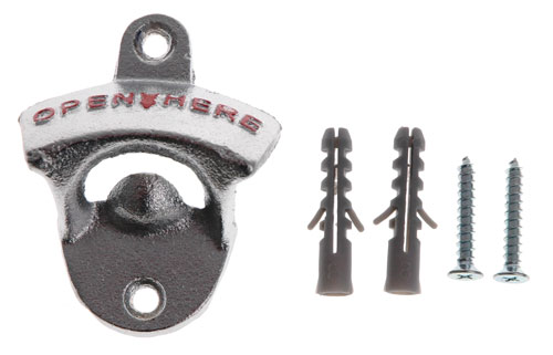 The Wall-Mounted Bottle Opener ships with two screws and wall anchors.