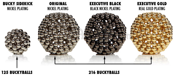 The BuckyBalls Magnetic DeskToy is available in three styles: original nickel BuckyBalls, black nickel BuckyBalls, and gold BuckyBalls.