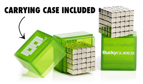 Each set of BuckyCubes includes a plastic carrying case.