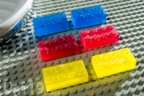 You'll receive two each of blue, red, and yellow LEGO-like building block soaps.