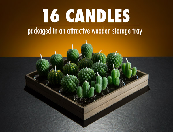 Cactus Tea Light Candles are packaged in a simple, yet attractive wooden storage tray.