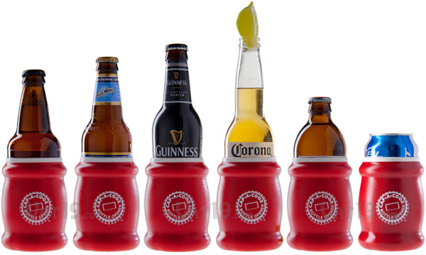 The Cap-a-Cooz design accomodates bottles and cans of different shapes and sizes.