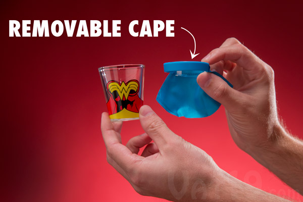 Batman, Superman, and Wonder Woman Shot Glasses feature removable nylon capes.