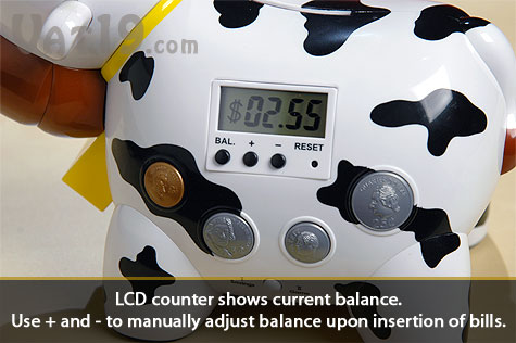 The Cash Cow Electronic Bank keeps track of your balance on its LCD screen.