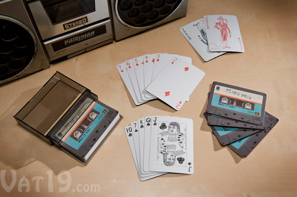 Set of gray Tape Deck Playing Cards on a table.
