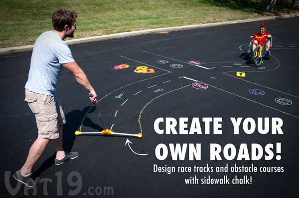 Create sidewalk chalk courses with the Chalk City Road Maker and Stencil Sets.