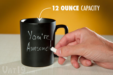 The Chalk Board Coffee Mug features a 12 ounce capacity.
