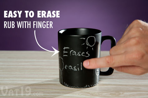 The Chalk Talk Chalkboard Coffee Mug erases easily with the rub of your finger.
