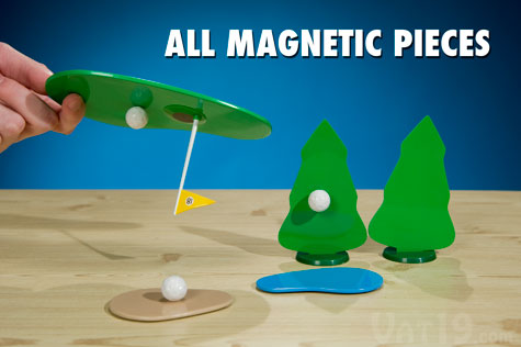 All of the pieces of the Chip Shotz Desktop Golf Game are magnetic.