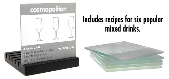 Cocktail Glass Coasters included six popular mixed drinks recipes.