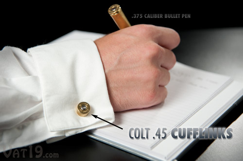 Colt .45 Cufflinks are made from the used shells of .45 caliber bullets.