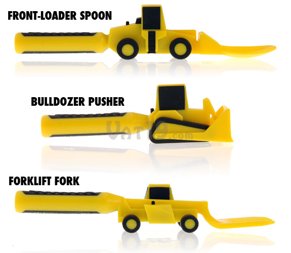 Constructive Eating Utensil Set includes a spoon, fork, and a pusher