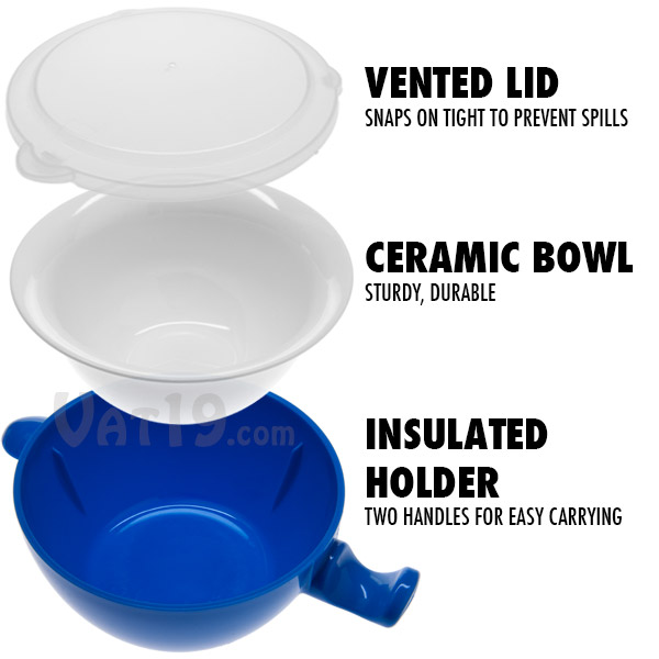 The Cool Touch Microwave Bowl features a plastic insulated holder, a durable ceramic bowl, and a vented lid.