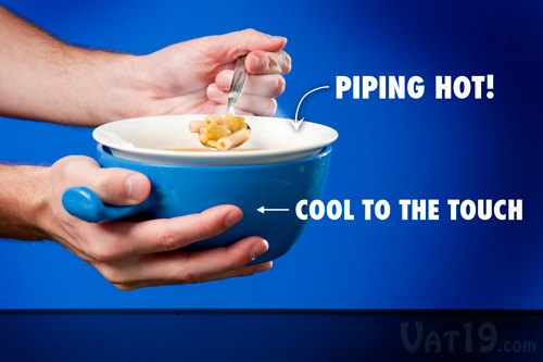 The insulated holder remains cool to the touch while the ceramic bowl holds the heat.