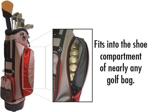The Covert Cooler fits into the shoe compartment of nearly any golf bag.