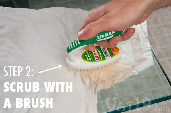 Use a bristled brush to work the Deo-Go solution into the armpit stained area.