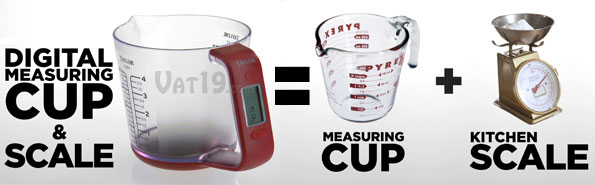 The Taylor Digital Measuring Cup and Scale combines a measuring cup and a kitchen scale into one convenient product.