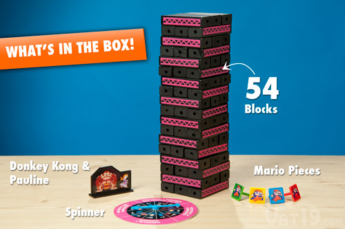 Jenga: Donkey Kong edition includes 54 blocks, 4 Mario pieces, spinner, and Donkey Kong and Pauline Piece.