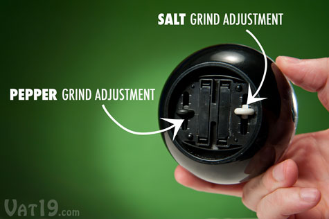 Use the sliders on the bottom of the Dual Pepperball to individually adjust the grind of the salt and pepper.