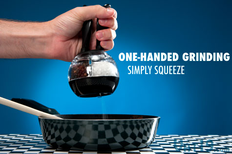 Simply squeeze the handles of the Dual Pepperball to grind and dispense salt or pepper.