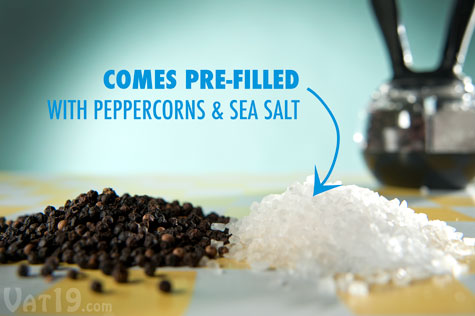 The Dual Pepperball comes pre-filled with fresh sea salt and peppercorns.