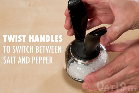 Twist the handles to select between grinding salt or pepper.
