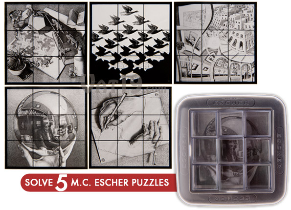 The M.C. Escher Mirror Puzzle includes five famous Escher prints.