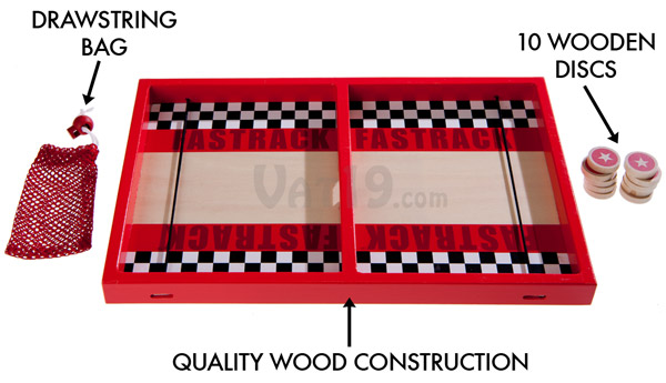 Fastrack comes with a wooden track, ten wooden discs, and a small drawstring bag for storing the discs.