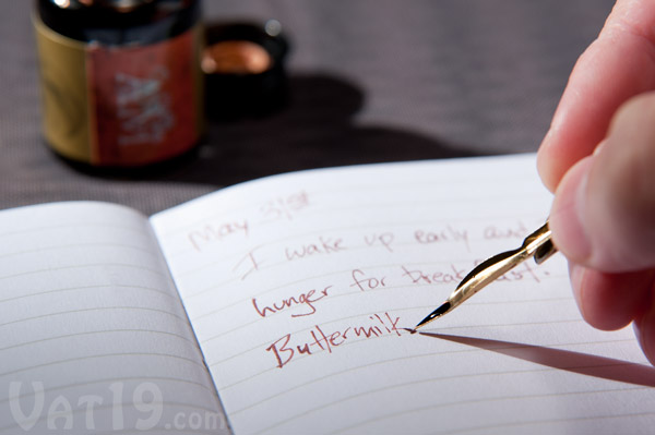 Feather pen set close-up of writing in ink.