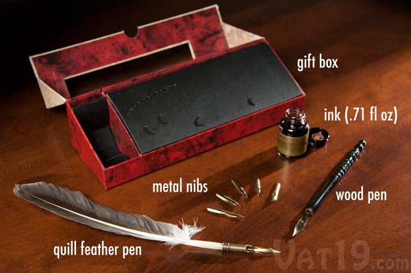 The Feather Pen Set includes a quill feather pen, seven metal nibs, a wood pen, a vial of ink, and an attractive gift and storage box.