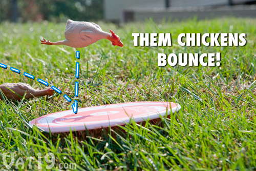 The rubber chickens in Flickin' Chicken game will bounce and roll.