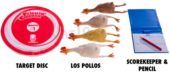 Flickin' Chicken rubber chicken game includes a target disc, four rubber chickens, and a scorekeeper with pencil.