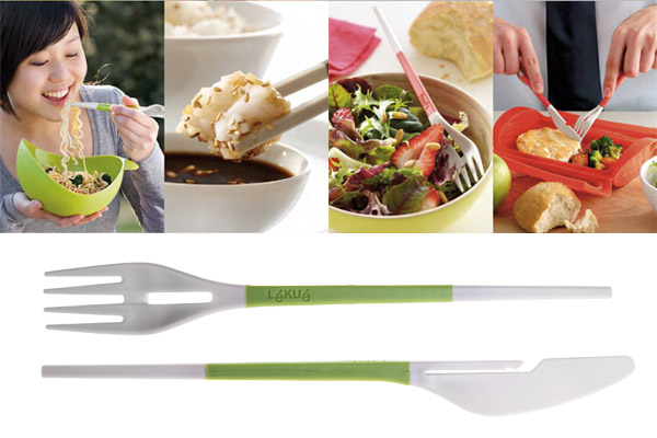 Pictures demonstrating how to use the fork and knife chopsticks.