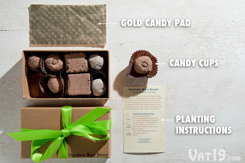 Garden Bon Bons are nicely packaged in a brown box with green ribbon, candy cups, and a gold candy pad. Planting instructions are also included.