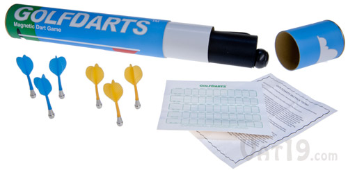 Golf Darts office golf game comes packaged in an attractive tube case.