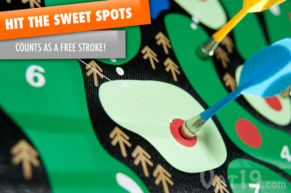 Gain a scoring advantage by hitting the red sweet spots throughout the course on the golf dart board.