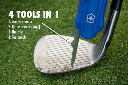 The GolfTool features a Tee Punch with groove cleaner, bottle opener, and nail file.