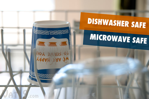 The We Are Happy To Serve You Greek Coffee Cup is both dishwasher and microwave safe.