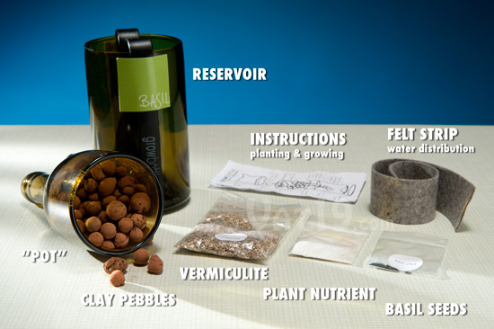 Grow Bottle Kits include everything you need to grow your own herbs using a repurposed wine bottle.