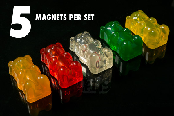 Each set of Gummy Bear Magnets includes five fridge magnets.