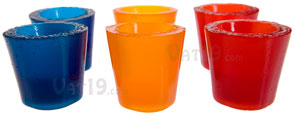 Six pack contains two each of blue raspberry, orange, and red cherry.