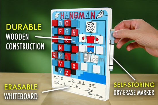 The Melissa and Doug Flip-to-Win Travel Hangman Game features durable wooden construction, an erasable whiteboard, and a self-storing dry-erase marker.